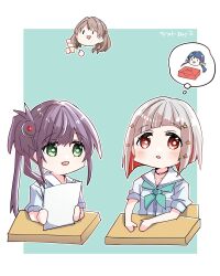 4girls :d blue_dress blue_hair blue_ribbon bob_cut breast_pocket brown_hair chibi chibi_inset commentary_request desk diagonal_bangs dress flower fujishima_megumi green_eyes grey_hair hair_bun hair_flower hair_ornament hair_ribbon highres holding holding_paper inverted_bob kanduki_kamibukuro link!_like!_love_live! long_hair love_live! low_twintails multicolored_hair multiple_girls murano_sayaka on_chair open_mouth otomune_kozue paper parted_lips pocket puffy_short_sleeves puffy_sleeves red_eyes red_flower red_hair ribbon sailor_collar sailor_dress school_desk short_hair short_sleeves side_ponytail sidelocks single_side_bun sitting smile speech_bubble spoken_character star_(symbol) star_hair_ornament streaked_hair summer_uniform thought_bubble twintails virtual_youtuber white_sailor_collar wrapped_bento yugiri_tsuzuri |_|