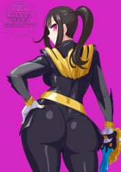 1girl absurdres ass bodysuit brown_hair highres ichikawa_sumino no.1_sentai_gozyuger no_headwear otokamu pin_up pink_eyes solo super_sentai