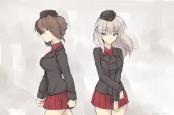 Rule 34 | 10s, arm grab, black hat, black jacket, closed mouth, cowboy shot, dress shirt, emilio (tetsukazu no ao), from side, garrison cap, girls und panzer, hat, itsumi erika, jacket, kuromorimine military uniform, long hair, long sleeves, looking at another, military hat, miniskirt, nishizumi maho, pleated skirt, red shirt, red skirt, shirt, short hair, skirt, standing, twitter username, walking