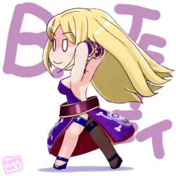 1girl animated armpits arms_behind_head artist_request b._jenet blonde_hair chibi dress fatal_fury fatal_fury:_city_of_the_wolves feet from_side high_heels legs long_hair purple_dress smile snk solo source_request tagme the_king_of_fighters thighs video walking white_eyes