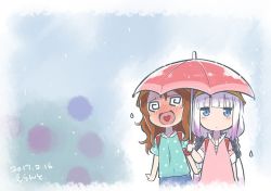 10s 2017 2girls :d :o beads blue_eyes blue_shirt blunt_bangs brown_hair dragon_girl errant flower gradient_background hair_beads hair_ornament half-closed_eyes happy heart heart_in_mouth holding holding_umbrella hydrangea kanna_kamui kobayashi-san_chi_no_maidragon long_hair low_twintails multiple_girls open_mouth pink_shirt polka_dot polka_dot_shirt rain saikawa_riko shared_umbrella shirt short_sleeves silver_hair simple_background smile symbol-shaped_pupils take_it_home twintails umbrella wavy_mouth white_background yuri