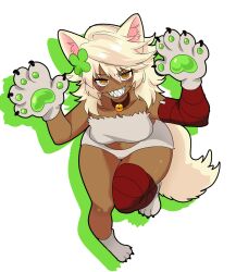 &gt;:) 1girl :d @_@ animal_ear_fluff animal_ears animal_hands asymmetrical_legwear bandaged_arm bandaged_leg bandages bare_shoulders bell bikini blonde_hair blush breasts cleavage clover collar collarbone dark-skinned_female dark_skin dot_nose four-leaf_clover full_body fur_bikini gloves grey_bikini grin guilty_gear guilty_gear_strive hair_between_eyes highres jojcachu looking_at_viewer midriff navel neck_bell open_mouth paw_gloves paw_shoes ramlethal_valentine sharp_teeth sidelocks smile solo swimsuit tail teeth thighs v-shaped_eyebrows white_background wolf_ears wolf_girl wolf_tail yellow_eyes