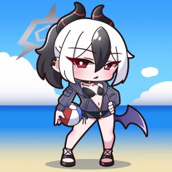 1girl absurdres ball beach beachball bikini bikini_under_clothes black_bikini black_hair black_sandals blue_archive blue_sky breasts carrying carrying_under_arm chibi closed_mouth cloud collarbone commentary_request day ear_piercing full_body hair_between_eyes halo hand_on_own_hip highres horizon horns jacket kayoko_(blue_archive) long_sleeves low_wings multicolored_hair navel ocean outdoors piercing ponytail puffy_long_sleeves puffy_sleeves purple_wings red_eyes saishosaisekojo sand sandals see-through_clothes see-through_jacket side-tie_bikini_bottom single_wing sky small_breasts solo standing swimsuit two-tone_hair water white_hair wings