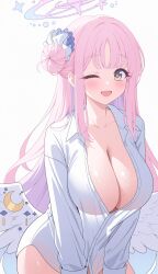 1girl ;d absurdres alternate_breast_size alternate_costume angel_wings blue_archive blush breasts cleavage collarbone collared_shirt colored_inner_hair crescent crescent_pin dot_nose feathered_wings hair_bun halo highres huge_breasts large_breasts long_hair long_sleeves looking_at_viewer low_wings mika_(blue_archive) multicolored_hair nzxt_cam one_eye_closed open_mouth pink_hair pink_halo purple_hair shirt sidelocks simple_background single_side_bun smile solo very_long_hair white_background white_shirt white_wings wings yellow_eyes