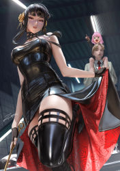 1boy 2girls anya_(spy_x_family) black_dress black_gloves black_hair black_thighhighs blonde_hair blouse boots breasts carrying child clothes_lift collared_shirt dagger dress dress_lift family fingerless_gloves formal_clothes gloves green_suit highres holding holding_dagger holding_knife holding_weapon indoors knife large_breasts lifting_own_clothes long_hair looking_at_viewer multiple_girls necktie piggyback pink_hair pointing red_eyes red_necktie shirt short_hair signature sleeveless sleeveless_dress spy_x_family stairs suit thigh_boots thighhighs twilight_(spy_x_family) two-sided_dress two-sided_fabric walking weapon white_shirt yor_briar zumi_(zumidraws)