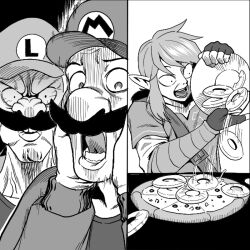 3boys big_nose bloodshot_eyes bowl brothers cabbie_hat clothes_writing constricted_pupils cooking crossover disgust facial_hair fingerless_gloves food fruit furrowed_brow gloves greyscale hands_on_own_cheeks hands_on_own_face hands_up hat hawaiian_pizza holding holding_bowl layered_sleeves link long_sleeves luigi male_focus mario mario_(series) medium_hair monochrome motion_lines multiple_boys mustache nintendo open_mouth pineapple pineapple_on_pizza pineapple_slice pizza pointy_ears pouring shirt short_over_long_sleeves short_sleeves siblings sidelocks surprised teeth tekkin_papa the_legend_of_zelda the_legend_of_zelda:_breath_of_the_wild veins veiny_neck wide-eyed