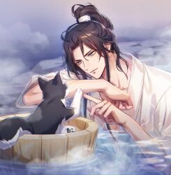 Rule 34 | 1boy, absurdres, animalization, baby animal, brown hair, bucket, chinese clothes, chu wanning, closed mouth, dog, erha he ta de bai mao shizun, hair bun, hanfu, highres, husky, korean commentary, long hair, long sleeves, looking at animal, male focus, mo ran, onsen, partially submerged, puppy, smile, solo, steam, sweat, water, wet, wet clothes, white hanfu, wide sleeves, wooden bucket, zehel az