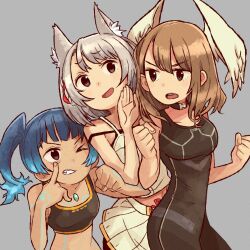 Rule 34 | 3girls, animal ear fluff, animal ears, arms up, black bodysuit, blue hair, bodysuit, brown hair, cat ears, cat girl, clenched hand, commentary request, crop top, eunie (xenoblade), eushima (sgr), eyelid pull, fiery hair, grey background, head wings, highres, mio (xenoblade), multiple girls, navel, open mouth, pleated skirt, sena (xenoblade), side ponytail, simple background, skirt, smile, standing, taunting, v-shaped eyebrows, white skirt, wings, xenoblade chronicles (series), xenoblade chronicles 3