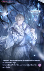 Rule 34 | 1boy, aiguillette, artist request, bare tree, belt, belt buckle, black belt, black boots, blonde hair, blue butterfly, blue eyes, blurry, blurry foreground, boots, buckle, bug, butterfly, chain, character name, cloak, coat, copyright name, cowboy shot, dress pants, english text, expressionless, floating cape, forest, fur-trimmed cloak, fur trim, highres, holding, holding lantern, insect, lantern, light frown, light particles, logo, long sleeves, looking ahead, looking at viewer, male focus, medal, motion blur, nature, night, nikki (series), norwin (shining nikki), official art, outdoors, pants, parted lips, second-party source, shining nikki, shirt, short hair, sleeve cuffs, solo, standing, thick eyebrows, thigh boots, tree, turtleneck, turtleneck shirt, white cloak, white coat, white pants, white shirt, winter