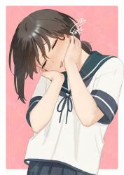 1girl black_hair blue_neckerchief blue_sailor_collar blue_skirt blush closed_eyes fubuki_(kancolle) hair_between_eyes hands_on_own_cheeks hands_on_own_face kantai_collection neckerchief open_mouth pleated_skirt ponytail sailor_collar sakiecho school_uniform serafuku short_sleeves simple_background skirt solo upper_body