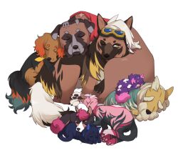 angel_(sunnyknights) animalization cat collar commentary creatures_(company) dog dot_(pokemon) english_commentary friede_(pokemon) game_freak goggles goggles_on_head kitten liko_(pokemon) ludlow_(pokemon) mollie_(pokemon) murdock_(pokemon) nintendo orla_(pokemon) pokemon pokemon_(anime) pokemon_horizons puppy roy_(pokemon) simple_background sleeping white_background yellow_eyes