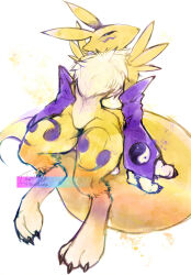 1girl :&lt; adversarial_noise animal_ears animal_feet animal_hands animal_nose arms_at_sides artist_name barefoot black_sclera blue_eyes body_fur bridal_gauntlets claws cleft_of_venus closed_mouth colored_sclera digimon digimon_(creature) facial_mark feet female_focus fox_ears fox_girl fox_tail full_body furry furry_female leg_tattoo looking_afar navel neck_fur renamon signature sitting snout solo split_mouth stomach tail tattoo thick_thighs thighs thwillartz twitter_username two-tone_fur white_fur wide_hips yellow_fur yin_yang