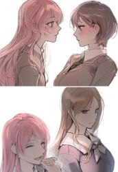 3girls bang_dream! bang_dream!_it&#039;s_mygo!!!!! blue_eyes blue_shirt blush brown_hair chihaya_anon closed_eyes commentary fresa_pie green_necktie grey_hair grey_jacket haneoka_school_uniform hashtag-only_commentary highres jacket long_hair multiple_girls nagasaki_soyo necktie open_mouth pink_hair school_uniform shirt short_hair sweatdrop takamatsu_tomori tsukinomori_school_uniform yuri