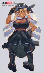 1girl :o arm_strap artist_name aviator_goggles bandana black_bandana black_boots black_gloves black_pants black_sports_bra blonde_hair boots breasts choker cleavage clothes_around_waist collarbone colored_tongue commentary dark-skinned_female dark_skin dirty dirty_face ear_piercing eyes_visible_through_hair fang fingerless_gloves full_body gloves goggles goggles_on_head gradient_hair grey_choker hair_between_eyes hand_on_headwear hand_on_own_hip highres inkling inkling_girl inkling_player_character jacket jacket_around_waist jinkoika large_breasts long_hair looking_at_viewer midriff mole mole_on_breast multicolored_hair navel nintendo open_mouth pants piercing pointy_ears red_hair rubber_boots solo splatoon_(series) sports_bra symbol-only_commentary tentacle_hair watermark yellow_eyes yellow_tongue