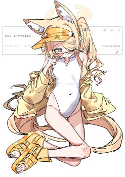 1girl absurdres adjusting_eyewear animal_ear_fluff animal_ears arm_support bare_shoulders blonde_hair blue_archive boots breasts closed_mouth covered_navel feet fox_ears fox_girl fox_tail hair_over_one_eye hand_up haruyuki_(gffewuoutgblubh) highleg highleg_one-piece_swimsuit highres jacket jacket_partially_removed loli long_hair long_sleeves looking_at_viewer looking_over_eyewear off_shoulder one-piece_swimsuit one_eye_covered open-toe_boots pink_eyes request_inset sandals seia_(blue_archive) seia_(swimsuit)_(blue_archive) side_ponytail simple_background sitting skinny small_breasts solo sunglasses swimsuit tail tail_ornament thighs toes very_long_hair very_long_tail visor_cap white_background white_one-piece_swimsuit yellow_boots yellow_jacket yellow_sandals