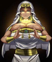 1girl acchan ancient_egyptian ancient_egyptian_clothes armlet black_hair bracer breasts dark-skinned_female dark_skin dress eyelashes forehead_jewel gem glowing gold green_eyes green_gemstone hair_tubes huge_breasts ishizu_ishtar jewelry looking_at_viewer millennium_necklace solo veil white_dress yu-gi-oh!