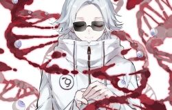 1boy aotsuki_eito blood closed_eyes commentary dna english_commentary eyeball facing_viewer grey_hair holding_hands jacket jiu65757 male_focus pov pov_hands short_hair smile solo spoilers sunglasses the_hundred_line_-last_defense_academy- white_jacket