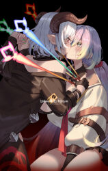 2girls arrow_(projectile) arrow_through_heart black_background blood bracelet commentary crying crying_with_eyes_open cupitan_(granblue_fantasy) draph edo-sama empty_eyes english_commentary english_text gloves granblue_fantasy hair_between_eyes hat highres holding_hands horns jacket jewelry kiss kneeling low_twintails messy_hair multicolored_eyes multicolored_hair multiple_girls off_shoulder rainbow_eyes rainbow_hair red_eyes short_hair sitting spoilers tears tristette_(granblue_fantasy) twintails wariza white_hat white_jacket yuri