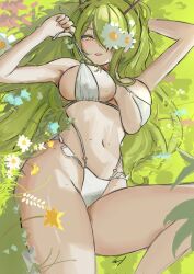 1girl alternate_costume armpits bare_shoulders bikini blue_flower blush breasts ceres_fauna commentary english_commentary erroz_(errozthewhite) flower grass green_hair hair_flower hair_ornament hair_over_one_eye hands_up highres hololive hololive_english horns large_breasts long_hair looking_at_viewer lying navel o-ring o-ring_bikini on_back on_grass open_mouth red_flower smile solo stomach strap_pull swimsuit thighs tree_horns virtual_youtuber white_bikini white_flower yellow_eyes yellow_flower