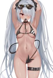 1girl absurdres alternate_breast_size ana_(vvvvor) armpits arms_up belt bikini black_bikini blue_archive blush breasts choker cowboy_shot dark-skinned_female dark_skin eyewear_on_head gluteal_fold grey_hair hair_over_one_eye hair_ribbon halo highres iori_(blue_archive) iori_(swimsuit)_(blue_archive) long_hair looking_at_viewer medium_breasts navel pointy_ears red_eyes ribbon solo sunglasses swimsuit tail thigh_belt thigh_strap twintails very_long_hair white_background