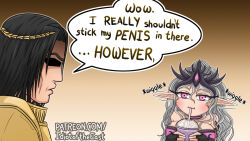 1boy 1girl armor bare_shoulders black_hair breasts cleavage commentary cup disposable_cup drinking drinking_straw ear_wiggle emperor_of_mankind english_text fingerless_gloves gloves grey_hair grimace_shake_(meme) highres holding holding_cup idiot_of_the_east large_breasts laurel_crown meme pink_eyes pointy_ears shaded_face slaanesh upper_body warhammer_40k watermark web_address