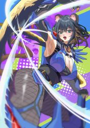 1girl absurdres animal_ear_fluff animal_ears arm_blade armpits black_hair blush breasts claws cleavage duel_monster fishnet_pantyhose fishnets furry furry_female green_eyes hair_between_eyes highres k9_-_#17_&quot;ripper&quot; k9_-_#17_izuna large_breasts liuli_xiao open_mouth pantyhose police police_uniform policewoman short_hair solo sweat weapon yu-gi-oh!