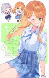2girls ;d ^_^ blue_ribbon blue_skirt bluesky_username blush closed_eyes commentary_request gakuen_idolmaster grey_hair hatsuboshi_gakuen_school_uniform highres idolmaster katsuragi_lilja long_hair miyanome mole mole_under_eye multiple_girls multiple_views neck_ribbon one_eye_closed open_mouth orange_hair ponytail ribbon school_uniform shirt shirt_tucked_in shiun_sumika sitting skirt smile twitter_username watermark white_shirt