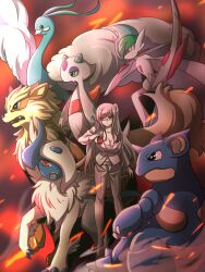 1girl absol altaria alternate_costume alternate_hairstyle arcanine breasts cleavage crossover danganronpa_(series) danganronpa_2:_goodbye_despair danganronpa_3_(anime) fire froslass gallade gen_1_pokemon gen_3_pokemon gen_4_pokemon glasses high_heels highres holding holding_poke_ball jacket large_breasts long_hair long_sleeves midriff nidoqueen nintendo official_alternate_costume pants pekoyama_peko poke_ball pokemon white_jacket white_pants zi_huahuo