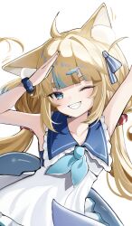 1girl absurdres ahoge animal_ear_fluff animal_ears blonde_hair blue_eyes blue_hair blue_neckerchief cat_ears dress fins fish_hair_ornament fish_tail grin hair_ornament highres indie_virtual_youtuber lifebuoy_hair_ornament long_hair looking_at_viewer low_twintails multicolored_hair neckerchief one_eye_closed papaya_b0i sailor_dress sameko_saba sharp_teeth smile solo streaked_hair tail teeth twintails very_long_hair virtual_youtuber white_background white_dress