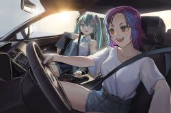 2girls :d arm_at_side arm_up asymmetrical_bangs bare_shoulders between_breasts black_skirt black_sleeves blue_eyes blue_eyeshadow blue_hair blue_necktie blue_trim breast_pocket breasts brown_eyes car_interior car_seat character_request collarbone collared_shirt commentary commission cowboy_shot dashboard day denim denim_shorts detached_sleeves double-parted_bangs driving elbow_rest english_commentary eyebrows_hidden_by_hair eyeshadow fang frilled_shirt frilled_shirt_collar frills from_side grin hair_between_eyes hair_ornament hatsune_miku high-waist_shorts highres holding_steering_wheel large_breasts leaning_back legs_apart long_eyelashes long_hair looking_ahead looking_at_another looking_to_the_side makeup medium_breasts miniskirt multicolored_hair multiple_girls necktie number_tattoo open_mouth parted_bangs parted_hair pleated_skirt pocket purple_hair raised_eyebrows rear-view_mirror reclining seatbelt shirt shirt_tucked_in short_hair short_shorts short_sleeves shorts shoulder_tattoo side-view_mirror sidelocks sitting skirt sky sleeveless sleeveless_shirt smile steering_wheel strap_between_breasts streaked_hair subaru_wrx sun sunlight t-shirt tattoo teeth tented_shirt thick_eyelashes thighs twintails two-tone_hair upper_teeth_only v-shaped_eyebrows vertigris very_long_hair vocaloid white_shirt wide_sleeves z_hair_ornament