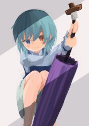 Rule 34 | 1girl, blue eyes, blue hair, blue skirt, blue vest, blush, closed mouth, closed umbrella, commentary, garakuraku, hashtag-only commentary, heterochromia, highres, holding, holding umbrella, kogasa day, long sleeves, purple umbrella, red eyes, skirt, smile, solo, squatting, tatara kogasa, touhou, umbrella, vest