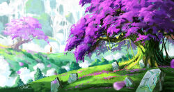 1boy animal bush chinnkun dog fantasy fog from_behind grass hill landscape mountainous_horizon original painterly petals pink_leaf plant rock runes signature tree vines wind