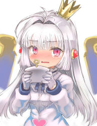 Rule 34 | 1girl, ahoge, ajitarou (setsu), blush, briking rx alma, choker, crown, embarrassed, emil chronicle online, frilled choker, frills, gloves, long hair, mecha musume, red eyes, robot ears, shirt, tearing up, upper body, white background, white gloves, white shirt