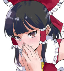 1girl ascot blush bow brown_eyes brown_hair commentary_request detached_sleeves frilled_bow frilled_hair_tubes frills hair_bow hair_tubes hakurei_reimu highres long_hair looking_at_viewer okeyadeokya own_hands_together red_bow simple_background smile solo touhou white_background yellow_ascot