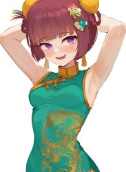 1girl :d @_@ absurdres agm aqua_dress armpits arms_behind_head arms_up blush bocchi_the_rock! braid braided_hair_rings breasts bun_cover china_dress chinese_clothes commentary_request dragon_print dress earrings hair_rings highres hiroi_kikuri jewelry nervous_smile ooarai_school_uniform open_mouth purple_eyes red_hair school_uniform short_hair simple_background sleeveless sleeveless_dress small_breasts smile solo tassel tassel_earrings teeth upper_body upper_teeth_only white_background