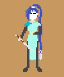 1girl blue_hair braid brown_background china_dress chinese_clothes dress full_body highres holding kiniaczu long_hair long_sleeves non-web_source pixel_art scissor_seven self-upload single_braid standing thirteen_(scissor_seven) very_long_hair weapon white_mask