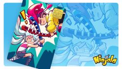 ! ahoge aqua_background aqua_hair attack belt belted_shorts berecca black_shorts blue_boots blue_shorts boots border card character_background child collared_jacket commentary copyright_name copyright_notice denim denim_shorts english_commentary english_text eyelashes eyepatch fighting_stance flat_chest gungho hair_tie half_updo hitting holding holding_weapon horizontal-striped_thighhighs ippon_katana_(ninjala) jacket knee_boots lace-up_boots logo long_hair lucy_(ninjala) medical_eyepatch multicolored_hair ninjala official_art open_mouth padded_jacket padded_sleeves pantyhose pink_belt pink_hair pink_shirt pink_thighhighs profile purple_thighhighs rianti-wong second-party_source shirt shorts shuriken single_bare_arm single_fishnet_armwear single_fishnet_legwear single_leg_pantyhose single_sleeve skinny sleeveless sleeveless_shirt spiked_hair_ornament striped_clothes striped_thighhighs swept_bangs thighhighs torn_clothes torn_shorts twintails two-tone_hair two-tone_shirt two-tone_thighhighs undercut very_long_hair weapon white_border white_pantyhose white_shirt white_sleeves wrestling_boots yellow_jacket yellow_sleeve_cuffs yellow_sleeves zipper_pull_tab