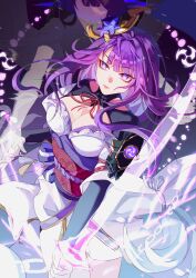 absurdres anata45961 armor arms_up behind_another blunt_bangs braid breasts bridal_gauntlets chinese_commentary cleavage closed_mouth clothing_cutout electricity emblem faceless faceless_female flower genshin_impact glowing glowing_sword glowing_weapon gradient_background hair_flower hair_flowing_over hair_ornament highres holding holding_hands holding_sword holding_weapon japanese_clothes katana kimono large_breasts leaning_forward light_smile long_braid long_hair makoto_(genshin_impact) mitsudomoe_(shape) mole mole_under_eye multicolored_eyes neck_ribbon off_shoulder pink_lips powering_up purple_eyes purple_hair purple_kimono raiden_shogun red_ribbon red_sash ribbon sash shade short_sleeves shoulder_armor shoulder_cutout siblings single_braid sisters sword thighs tomoe_(symbol) twins weapon