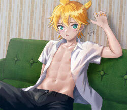 1boy abs androgynous arm_up blonde_hair blue_eyes blue_pants blush buttons collarbone collared_shirt commentary_request couch green_eyes highres indoors kagamine_len linea_alba looking_at_viewer male_focus nail_polish navel nipple_slip nipples open_clothes open_fly open_mouth open_shirt pants parted_lips pink_nails reclining shirt short_hair short_sleeves signature sitting solo tareme teeth toned toned_male toned_stomach translucent unbuttoned unbuttoned_pants upper_teeth_only vocaloid watermark white_shirt wing_collar yellow_nails yukita6116
