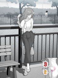 1girl bag blush breasts commentary_request faceless faceless_female highres kakuremino7928 large_breasts large_variant_set limited_palette long_hair neckerchief object_insertion original outdoors pants remote_control_vibrator sex_toy shirt vaginal vaginal_object_insertion variant_set vibrator vibrator_under_clothes