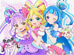 Rule 34 | 5girls, animal ears, bare shoulders, blonde hair, blue eyes, blush, bow, bowtie, brooch, closed mouth, collarbone, crop top, cure idol, cure kyunkyun, cure wink, detached collar, detached sleeves, dog, dog ears, hair between eyes, hair intakes, hair ornament, hands on another&#039;s shoulder, heart, heart brooch, highres, idol, idol clothes, jewelry, kimi to idol precure, locked arms, long hair, looking at another, looking at viewer, meroron (fairy) (precure), meroron (precure), multicolored hair, multiple girls, one eye closed, open mouth, pink hair, pink skirt, plaid bow, plaid bowtie, plaid clothes, plaid skirt, plaid sleeves, precure, purirun (fairy) (precure), purirun (precure), purple hair, purple skirt, sapi yaa, short sleeves, skirt, smile