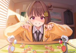 1girl :d black_necktie black_sweater blush brown_hair clothes_hanger collared_shirt fisheye grin hair_intakes hair_rings highres hood hood_down hooded_jacket indoors jacket long_bangs long_hair looking_at_viewer monitor multicolored_hair necktie official_art open_mouth orange_hair red_eyes school_uniform sendo_yuuhi shigure_ui shirt sidelighting sidelocks single_hair_ring smile solo streaked_hair sweater teeth upper_body v-neck virtual_youtuber vspo! watermark white_shirt window_blinds yellow_jacket