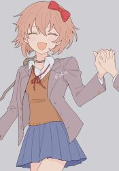 1girl blue_skirt blush bow brown_hair brown_vest closed_eyes doki_doki_literature_club doki_doki_literature_club_school_uniform formal_clothes grey_suit hair_bow highres holding_hands open_mouth out_of_frame pleated_skirt red_bow red_ribbon ribbon rope_around_neck sayori_(doki_doki_literature_club) school_uniform sebon_(sebochin) shirt skirt solo_focus suit upper_body vest white_shirt