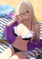 1girl absurdres adjusting_eyewear akane_(blue_archive) beach bikini black-framed_eyewear black_bikini blonde_hair blue_archive blurry blurry_background breasts cleavage commentary_request cowboy_shot depth_of_field glasses grin hand_up highres innertube large_breasts long_hair looking_at_viewer maid_headdress matsukan_(dug_pile) midriff navel sitting smile solo swim_ring swimsuit thighs yellow_eyes