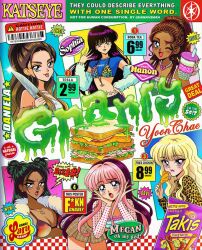 animal_print bikini bikini_top_only black_hair blonde_hair braid brown_hair bubble_tea checkered_background chicken_(food) chicken_leg daniela_(katseye) double_bun english_text food fried_chicken hair_bun hanavbara highres holding holding_food holding_knife jewelry k-pop katseye knife lara_(katseye) leopard_print logo long_hair long_sleeves lyrics manon_(katseye) megan_(katseye) multicolored_hair necklace real_life sandwich sleeveless song_name sophia_(katseye) sticker strapless swimsuit takis yoonchae_(katseye)