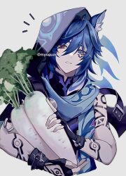 1boy animal_ear_fluff animal_ears arm_tattoo artist_name bat_ears black_gloves blue_hair blue_scarf commentary_request facial_tattoo fingerless_gloves food genshin_impact glove_cutout gloves grey_background hair_between_eyes hand_tattoo head_tilt headscarf heterochromia holding holding_food hood hood_up looking_at_viewer messy_hair multicolored_hair myuguao ororon_(genshin_impact) parted_lips radish scarf short_hair shoulder_tattoo simple_background sleeveless solo streaked_hair tan tank_top tattoo twitter_username