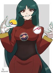 1girl absurdres black_bodysuit bodysuit cropped_jacket floating floating_object gloves green_hair gs_ball highres ida_(idalol490) long_hair long_sleeves luxury_ball nintendo poke_ball pokemon pokemon_frlg premier_ball psychic red_eyes red_skirt sabrina_(pokemon) side_slit skirt smile solo teeth twitter_username upper_body very_long_hair white_gloves