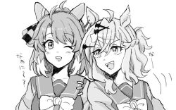2girls :d ;d ahoge animal_ears bow bowtie checkered_ribbon dantsu_flame_(umamusume) ear_covers ear_ribbon greyscale hair_ornament hairclip horse_ears horse_girl horseshoe_ornament jungle_pocket_(umamusume) looking_at_another monochrome multicolored_hair multiple_girls notched_ears one_eye_closed open_mouth sailor_collar sailor_shirt sanayama_(thou_uoht) school_uniform shirt simple_background smile streaked_hair tracen_school_uniform umamusume upper_body white_background white_bow white_bowtie