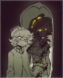 1boy android black_hat black_jacket commentary english_commentary face_filter frown grey_hair hat highres humanoid_robot jacket minderdrone mirror murder_drones n_(murder_drones) robot short_hair tanning_oil white_hair yellow_eyes