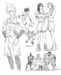 Rule 34 | 200 percent, 3girls, 6+boys, aerith gainsborough, ball, barret wallace, basketball (object), basketball uniform, bench, cait sith (final fantasy), cat, cid highwind, cigarette, cloud strife, crossed arms, crown, dribbling (basketball), earrings, final fantasy, final fantasy vii, hair ribbon, highres, holding, holding pom poms, jewelry, long hair, mini crown, multiple boys, multiple girls, on bench, playing sports, pom pom (cheerleading), pom poms, ponytail, red xiii, ribbon, shoes, single earring, sitting, smoking, sneakers, spiked hair, sportswear, tattoo, tifa lockhart, towel, towel on head, vincent valentine, yuffie kisaragi
